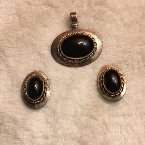 Vintage Sterling Onyx Gemstone Earrings & Necklace w/ Gold Detailing (No chain)